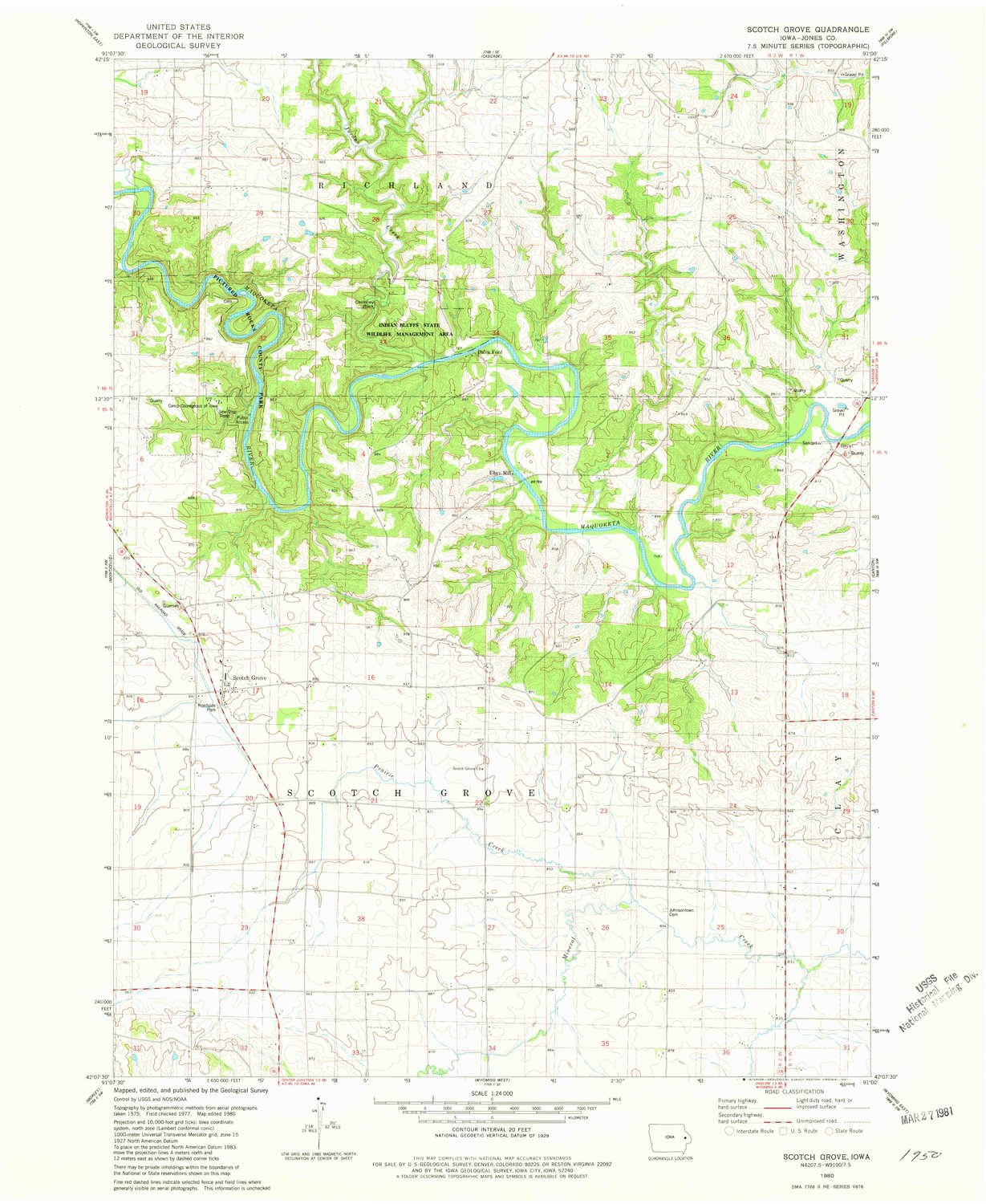 YellowMaps Scotch Grove IA topo map, 1:24000 Scale, 7.5 X 7.5 Minute, Historical, 1980, Updated 1981, 26.8 x 22 in - Polypropylene