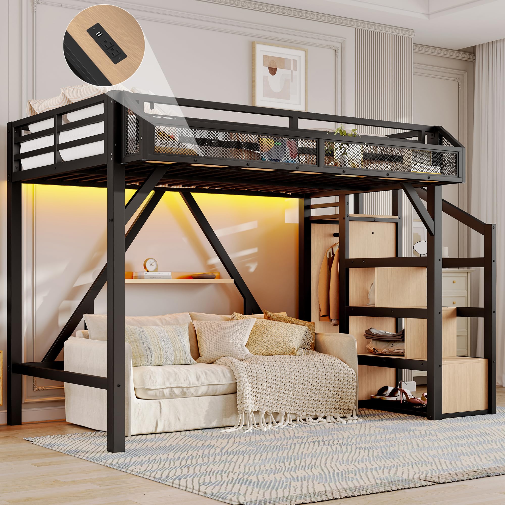 Bellemave Metal Twin XL Loft Bed with Stairs and Wardrobe,Heavy Duty Loft Bed Frame with LED Lights and Charging Station for for Kids,Teens,Adults,