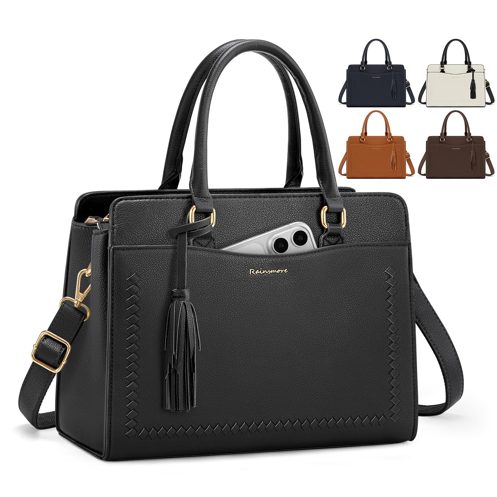 RAINSMORE Sac a Main Femme Moyen Elégant Sac Bandoulière Simili Cuir | Sac à Main Bandoulière Femme avec Multi Poche et Bandoulière Amovible pour Quotidien Travail Voyage Sac Universit