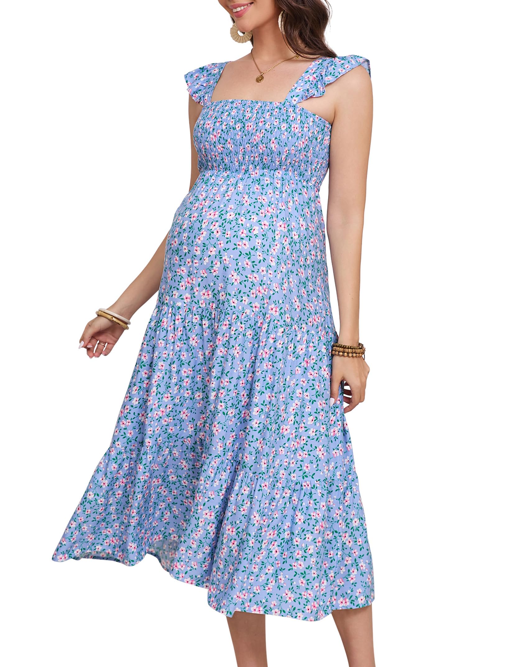 KOJOOIN Womens Maternity Dress Summer Sleeveless Smocked Square Neck Ruffle Casual Boho Midi Dress Baby Shower Photoshoot