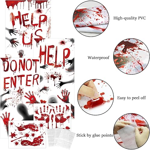 Miniatura 3 de Cubierta de ventana de Halloween sangrienta, decoración de póster de puerta de Halloween, huellas de manos sangrientas, silueta aterradora,