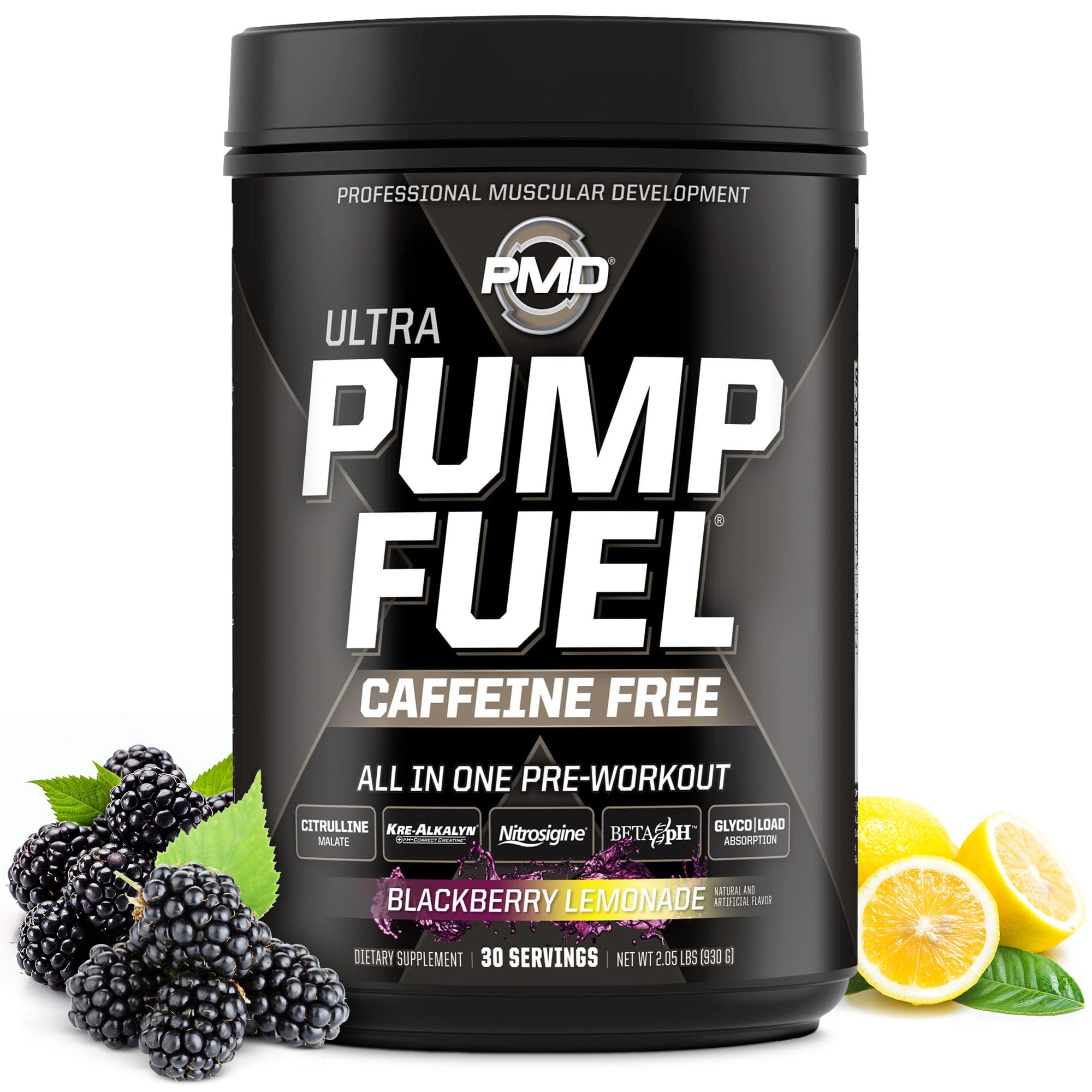 PMD Sports Pump Fuel Ultra Caffeine Free - Premium Pre Workout Powder & Muscle Pump, Greater Focus, Endurance & Recovery, Premium Creatine, Arginine & Beta Alanine - BlackBerry Lemonade (30 Servings)