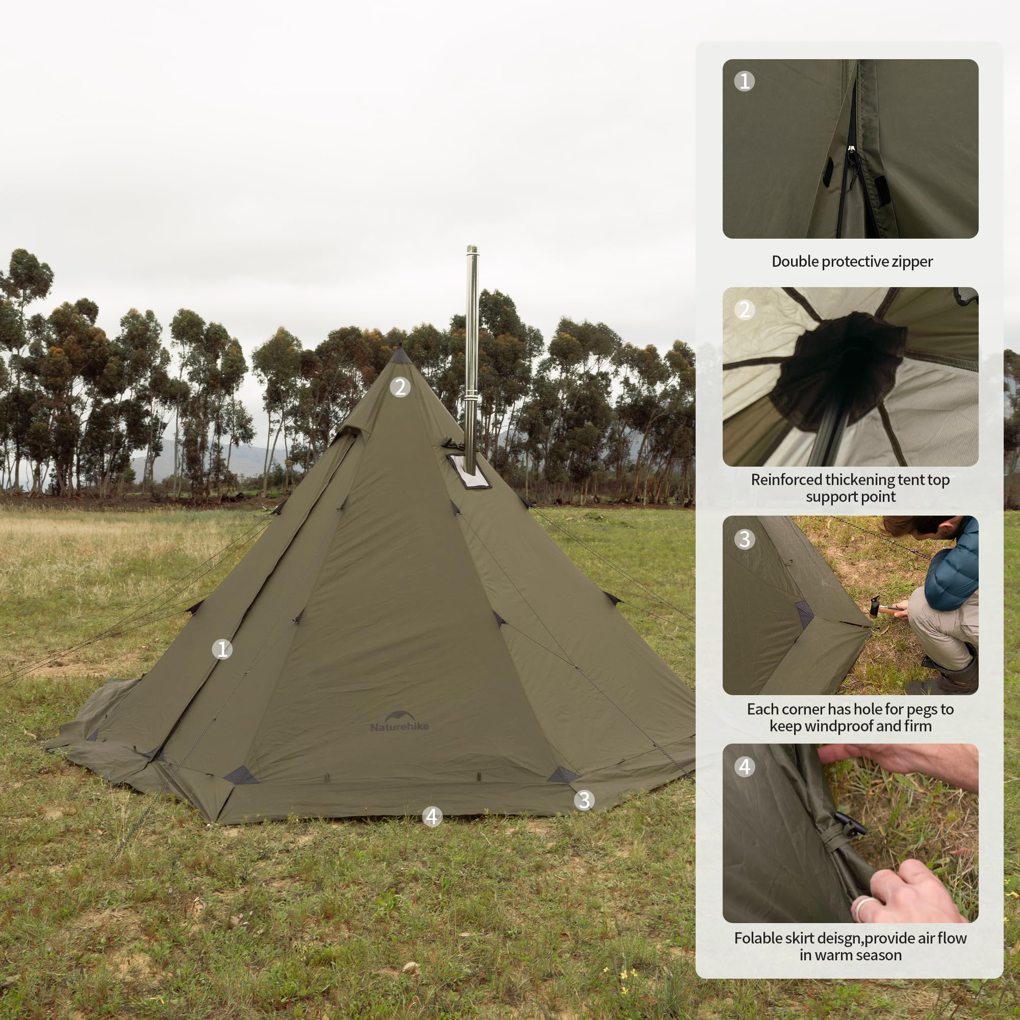Naturehike Ranch Fire Tente thermique pour 2 à 6 personnes, pyramide, 4 saisons, avec raccord de cuisinière, coupe-vent, imperméable, pour les voyages d'hiver et le chauffage