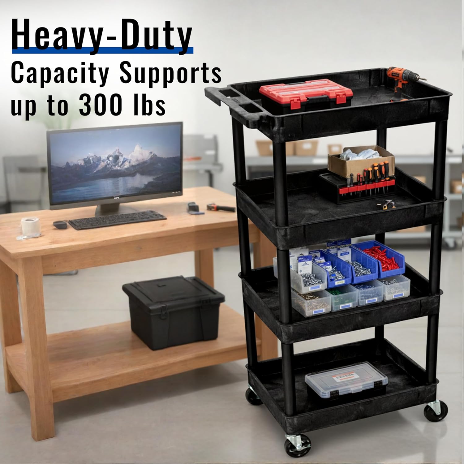 LUXOR STC1111-B Tub Shelf Cart - Four Shelves