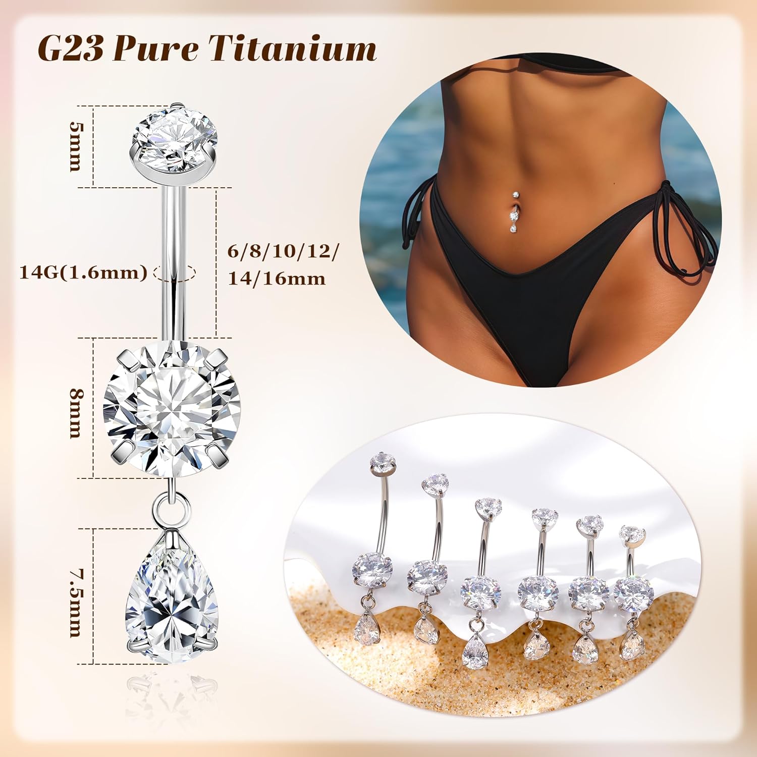 14G G23 Pure Titanium Dangle Belly Button Ring for Women Teardrop Dangling Belly Ring Internally Threaded Barbell Dainty Dangly Navel Ring CZ Belly Piercing Jewelry 6-16MM - Image 3