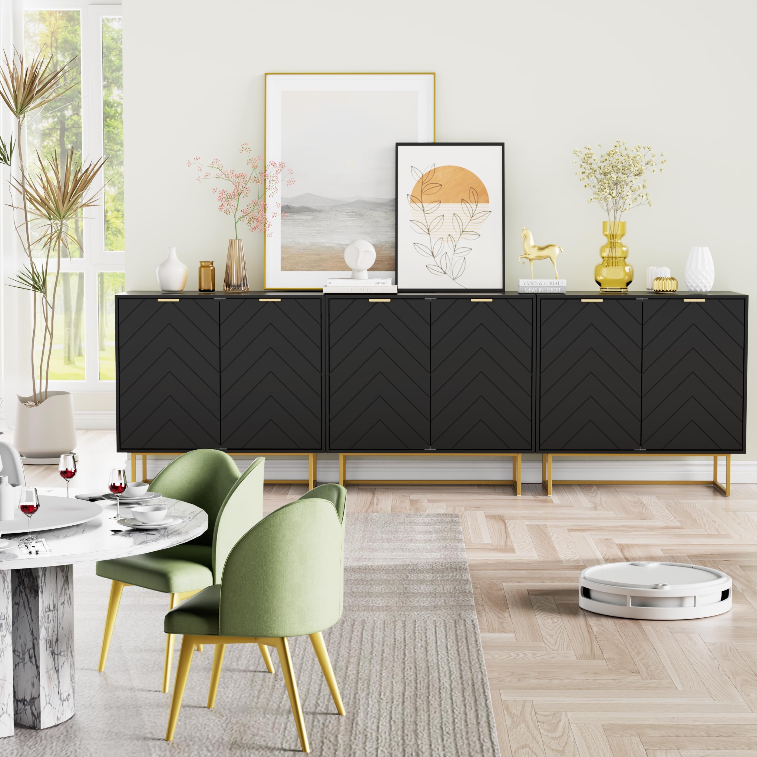 Scurrty 94.5" Large Sideboard Buffet with Golden Legs, Black Storage Cabinet with 6 Doors and Adjustable Shelf, Accent Cabinet for Living Room, Kitchen