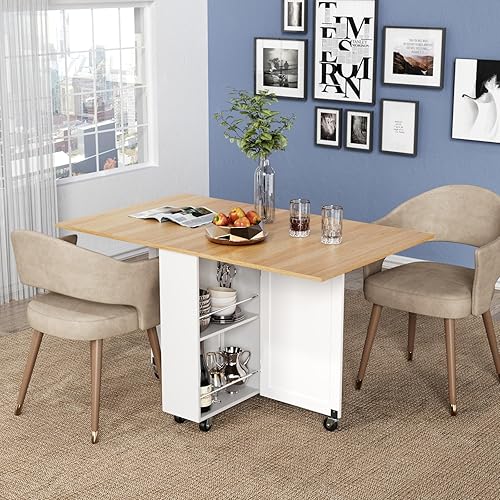 Miniatura 3 de 3imothrix Mesa de comedor plegable, mesa de comedor con cajón y almacenamiento y estantes, mesa de comedor que ahorra espacio con 6 ruedas, mesa de