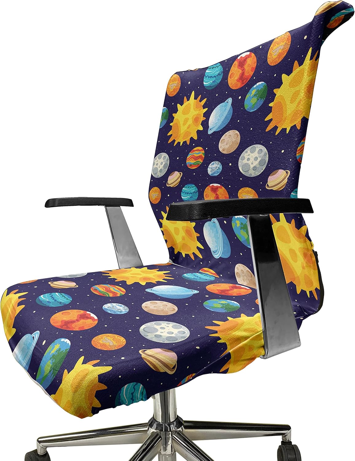 Ambesonne Outer Space Office Chair Cover, Colorful Planets Cartoon with Sun Solar System Themed Illustration, Stretchable Decorative Universal Size High Back Printed Slipcover, Indigo Yellow Orange