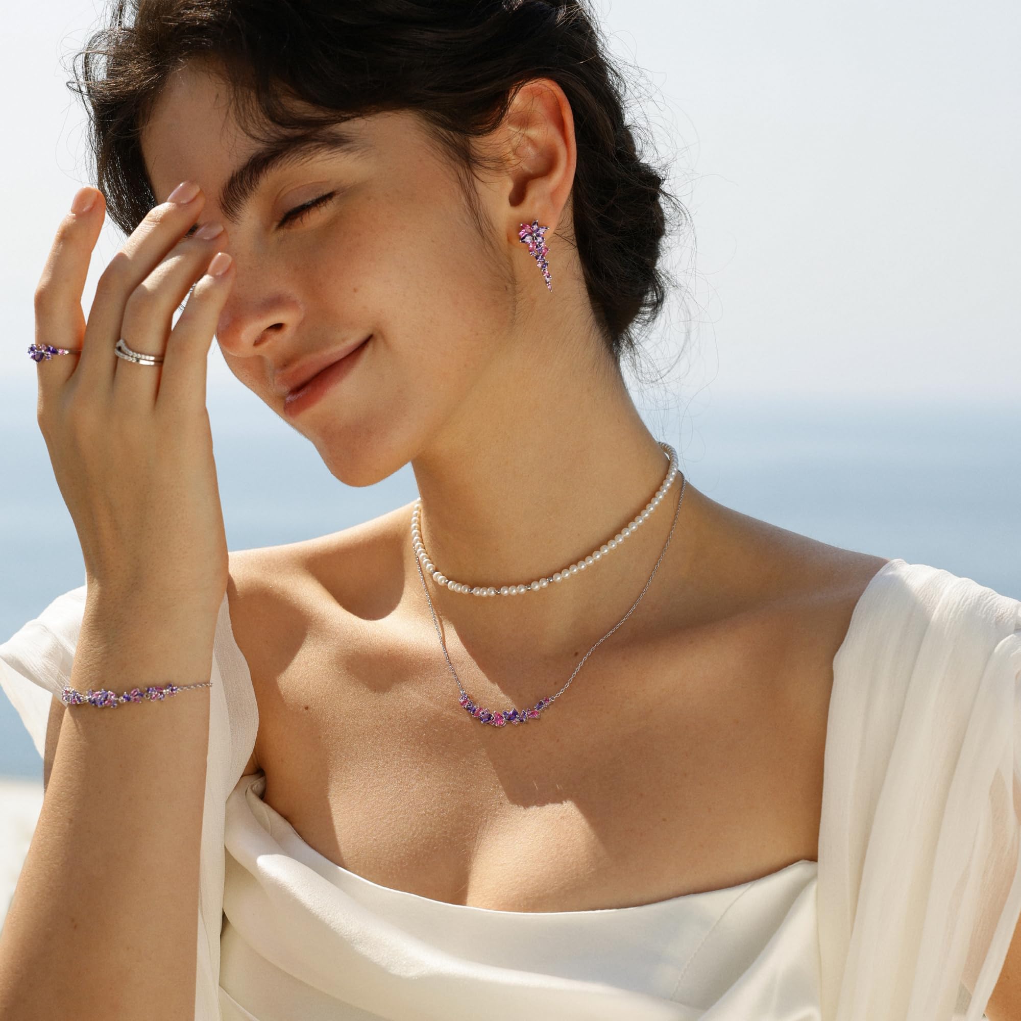 FANCIME Glyzinie Flüstern Schmuck Kollektion Weißvergoldetes Sterling Silber Simulierter Diamant Halskette Armband Ohrringe Geburtstag Muttertag Hochzeit Schmuck Geschenke für Sie Frauen Mutter Braut