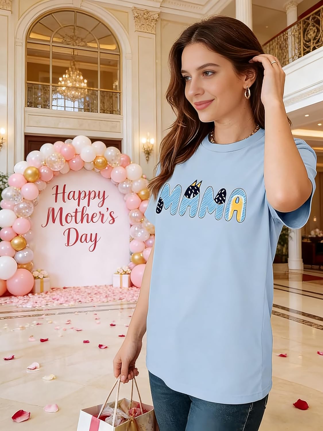 Mama Shirts for Women Mama Letter Printed T-Shirt Graphic Blue Mom Shirt Casual Short Sleeve Dog Mom Tee Tops - Image 5