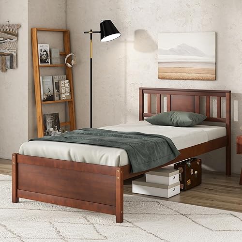 Miniatura 8 de Giantex Marco de cama individual con cabecero, cama de plataforma de madera maciza de mediados de siglo, cama de panel individual con soporte de
