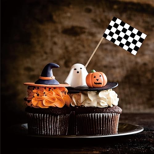 Miniatura 3 de Bandera de palillo de dientes de carreras en blanco y negro a cuadros para auto de carreras, mini cóctel, cupcakes de frutas, decoración de