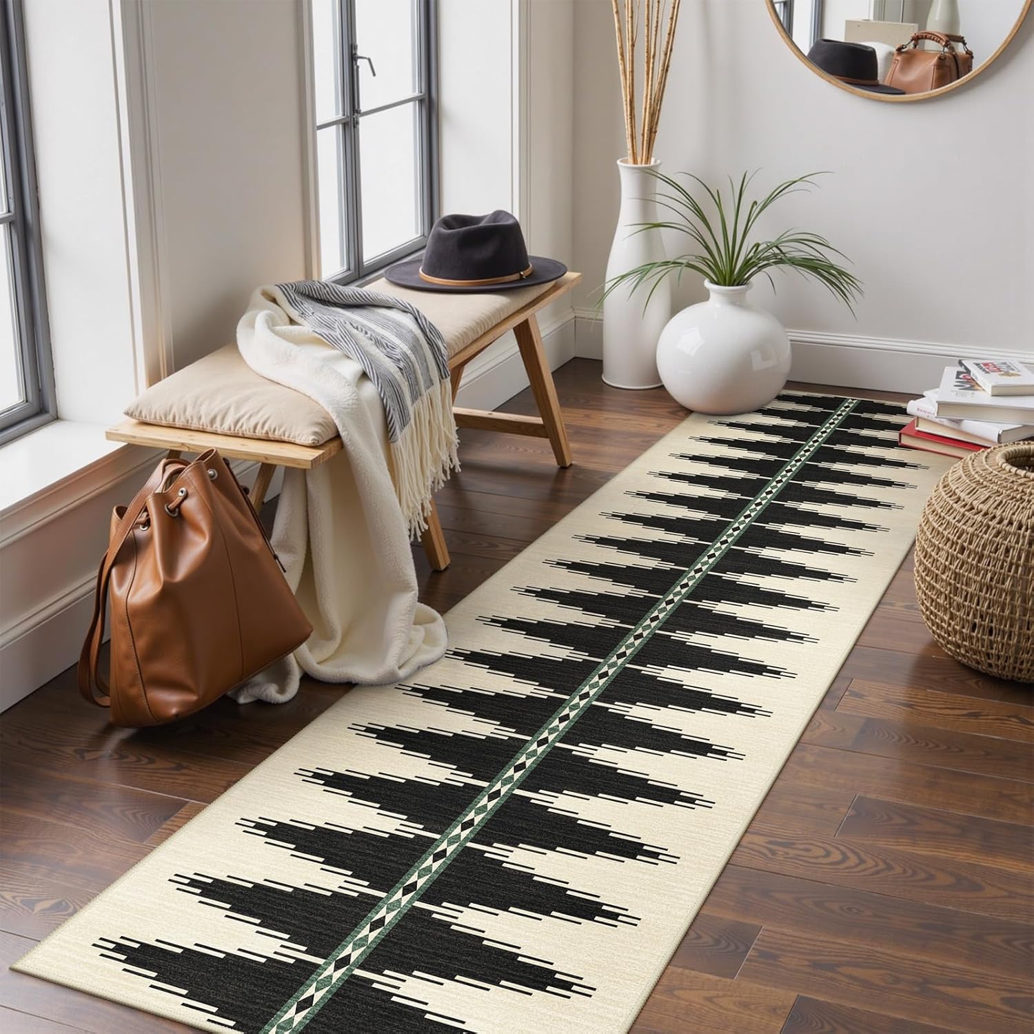 Lahome Modern Carpet Runners for Hallway 8ft, Long Kitchen Runner Rugs Non Skid Washable Ultra-Thin Floor Runner, Geometric Print Non Silp Soft Black Runner Rug for Entryway (Black, 2.5'x8')