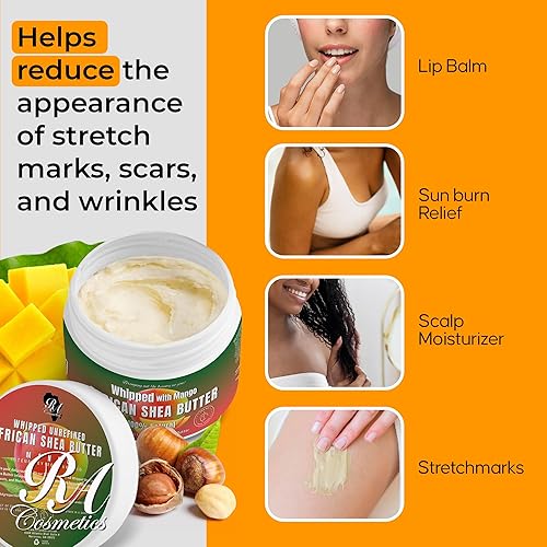 Miniatura 5 de RA COSMETICS Manteca de karité batida con mango - Manteca de karité africana 100% pura y natural, crema hidratante artesanal definitiva con