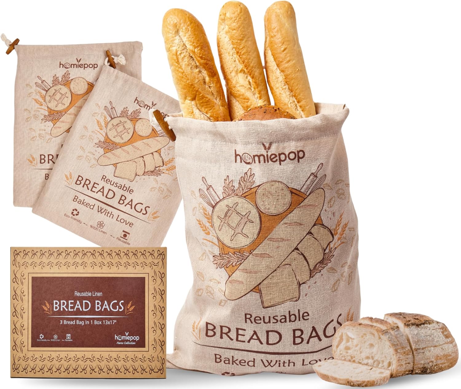 Bread Bags for Homemade Bread (3 Pack) – Linen Reusable Sourdough Bread Bags with TPU Lining – Keeps Bread Fresh Longer – Large 17×13 Inch Drawstring Storage Bags