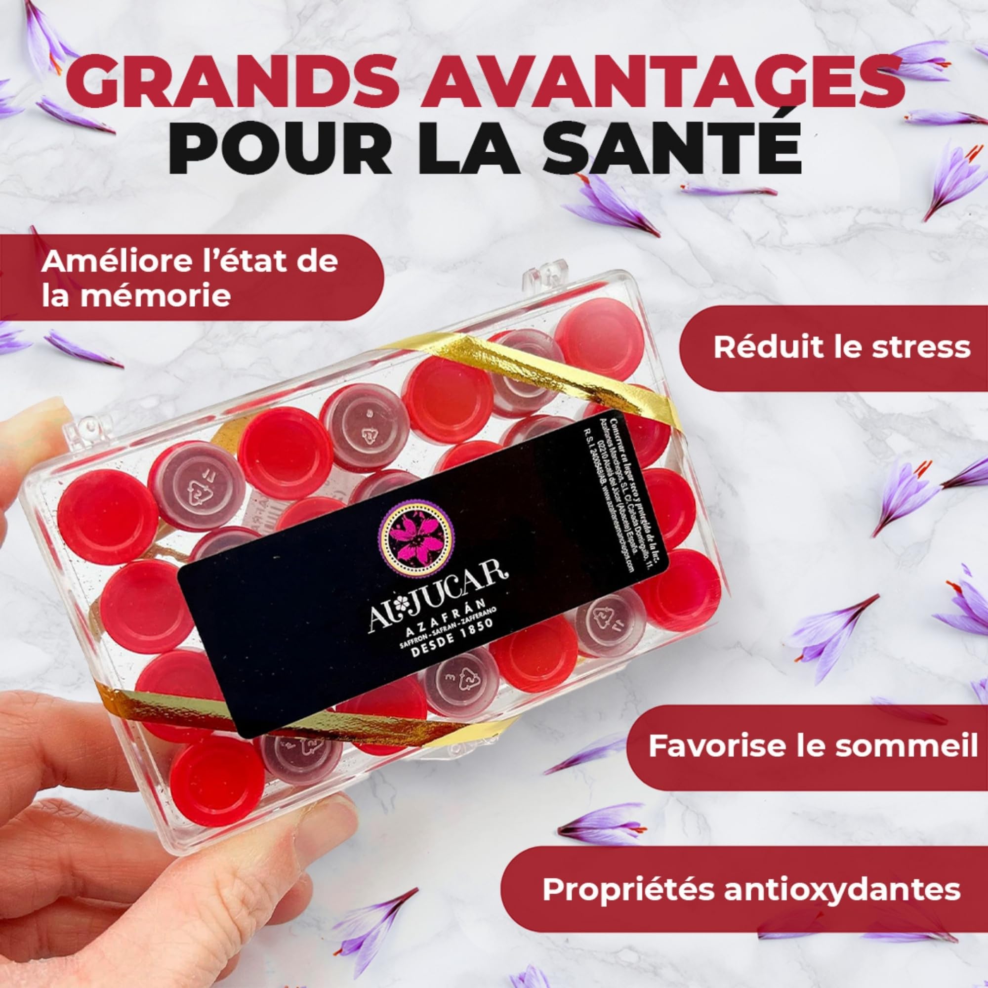 Safran moulu sélectionné - Épice naturelle pour paellas - Safran espagnol sans colorants artificiels - Safran pur en capsules - Boîte de poudre de safran de 28 unidoses de 0,250 g