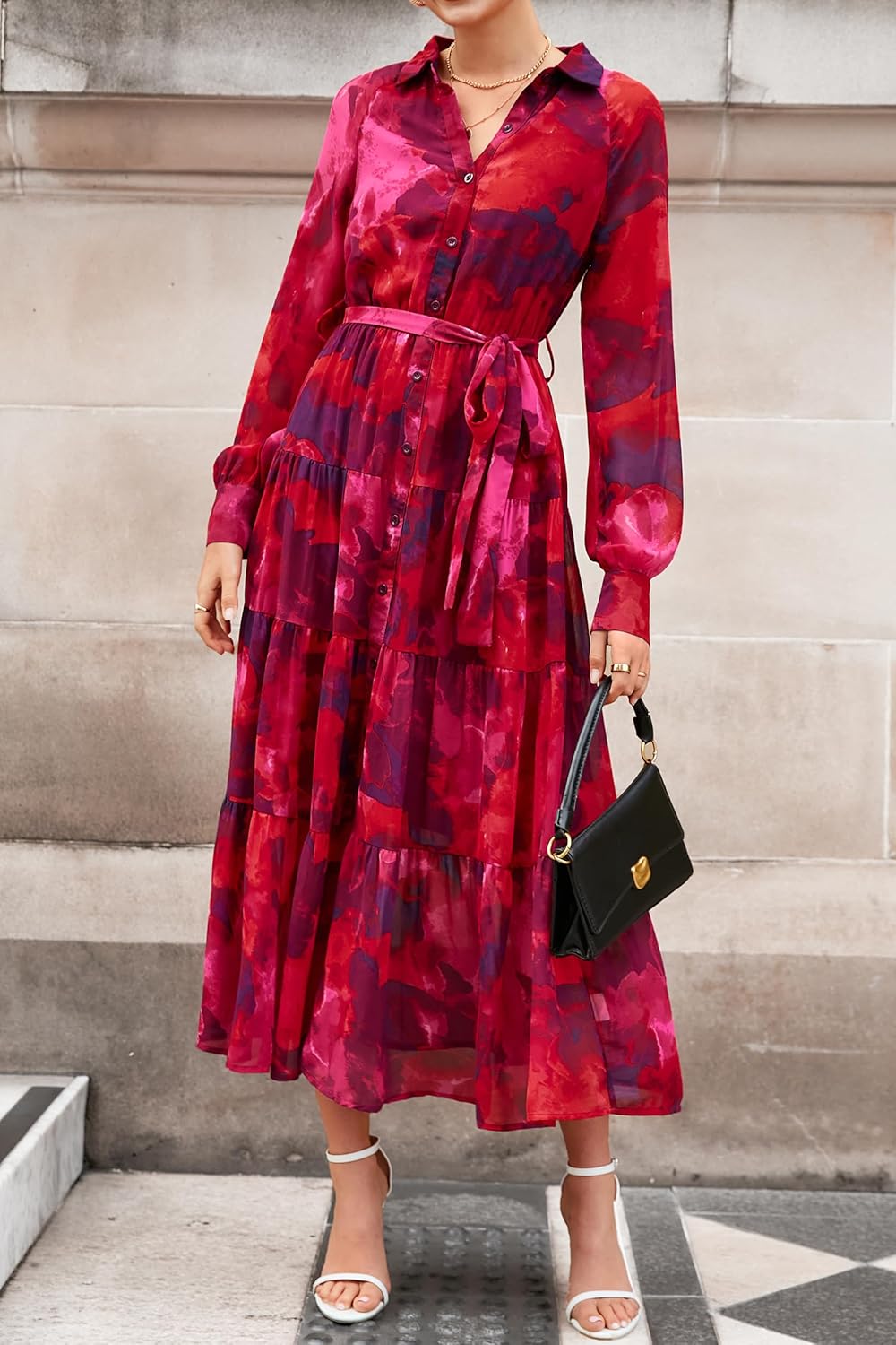 PRETTYGARDEN Womens Spring Dress 2026 Casual Long Sleeve Button Down Belted Boho Floral Flowy Maxi Wedding Guest Dresses - Image 4