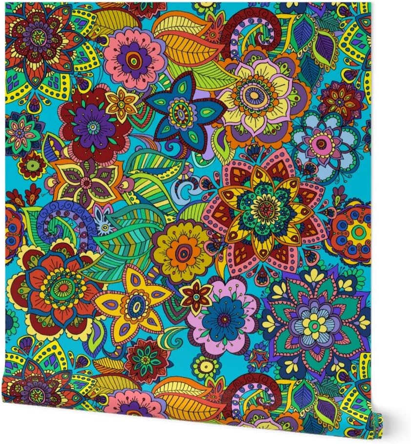 Peel & Stick Wallpaper 3ft x 2ft - Mandala Love 1960S Retro Psychedelic Flowers Funky 1970S Custom Removable Wallpaper by Spoonflower