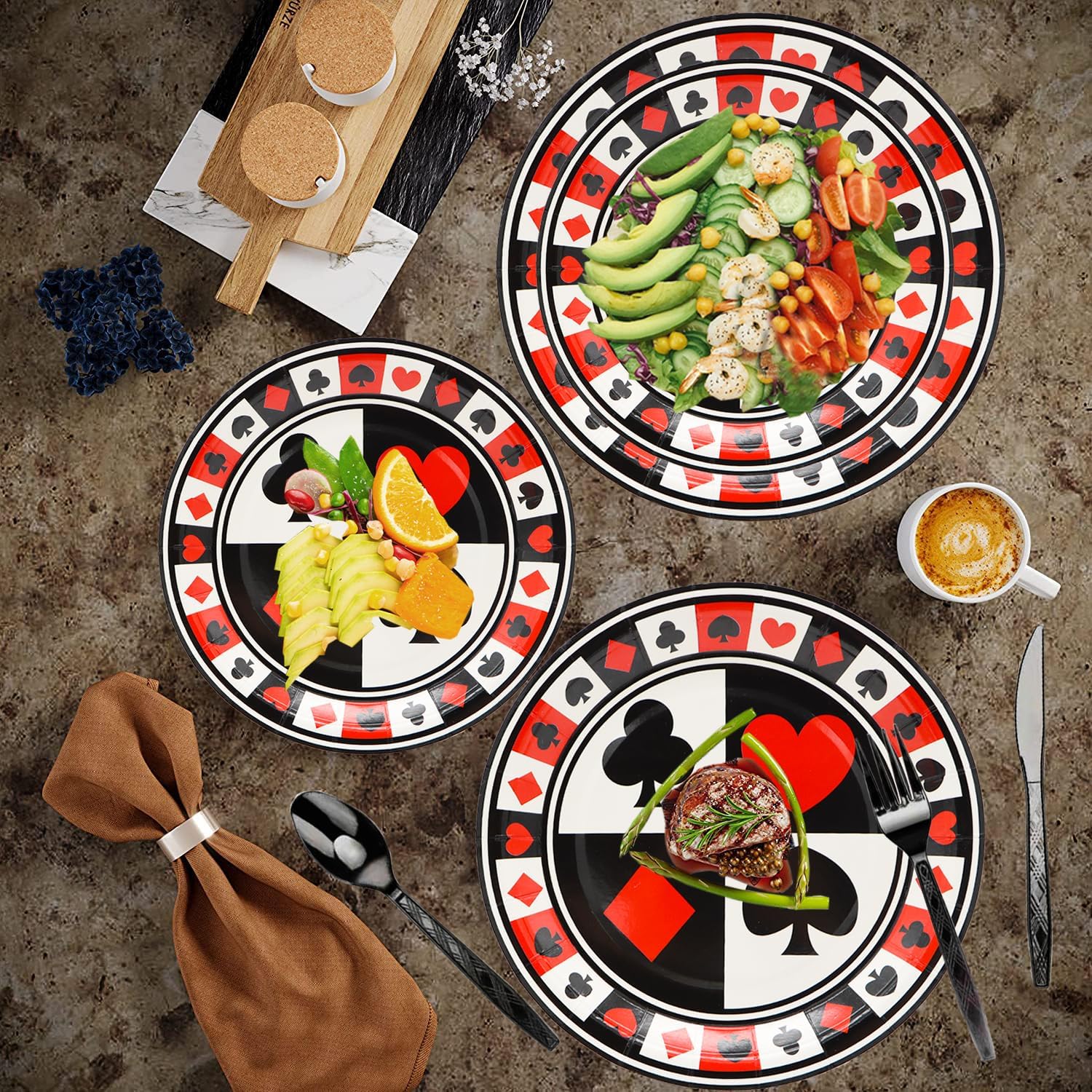 175Pcs Casino Party Supplies Casino Tableware Set 9"& 7"Casino Poker Paper Plates Casino Napkins Cups Knives Forks Spoons for Casino Night Poker Game Theme Casino Birthday Party Decorations |Serve25
