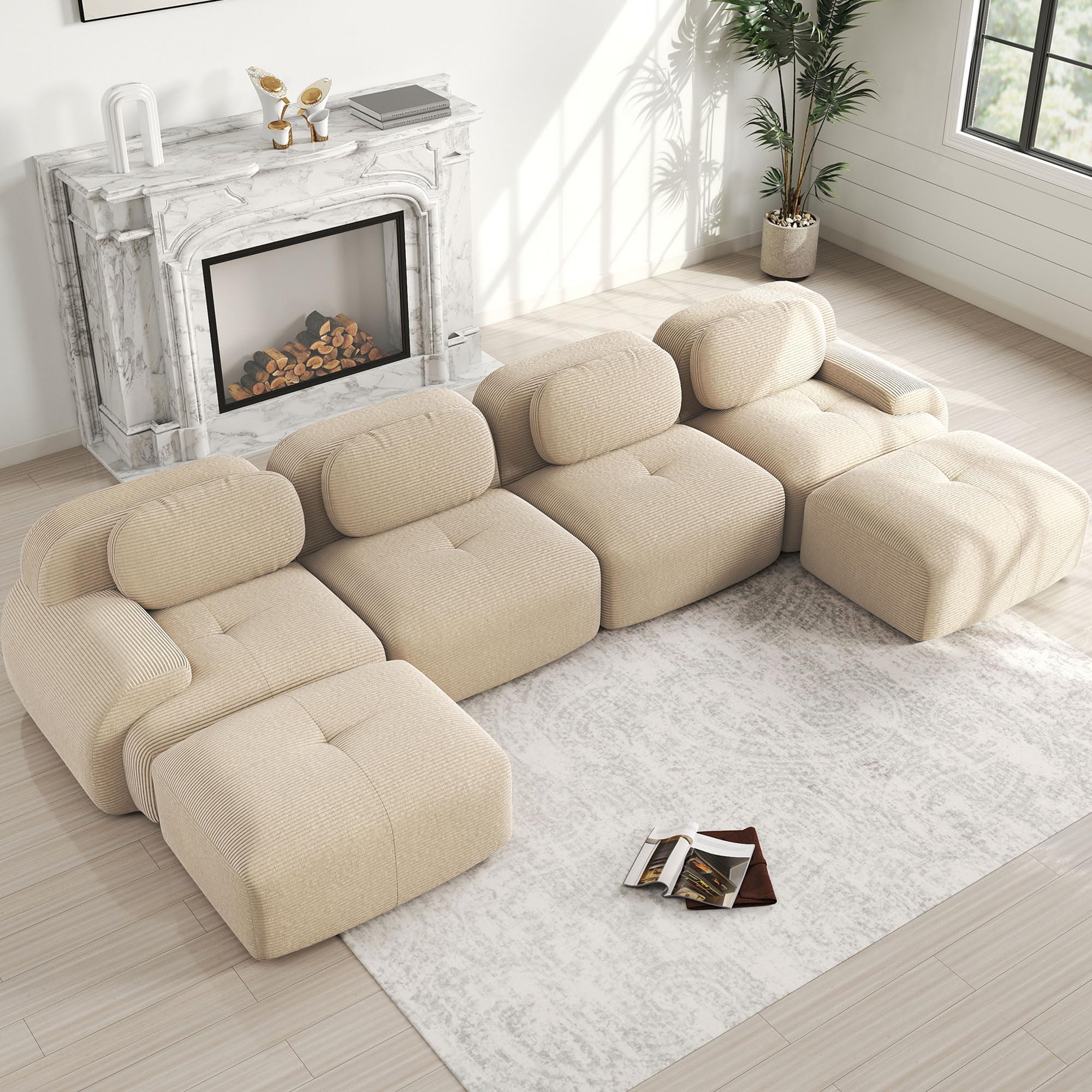 Sofá modular en U de 4 plazas de pana – en forma de U, acolchado 32D de alta elasticidad, sin marco, reposabrazos extra anchos, sin montaje y antideslizante, color beige