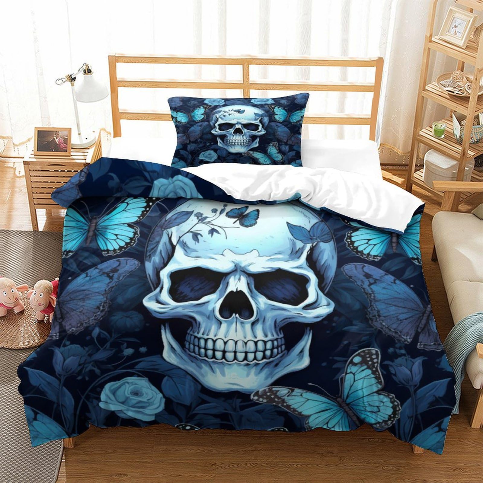 P1S9U7W5Y Trendy 3D Printed Skull Rose Duvet Cover Set 3pcs Microfiber Gothic Bedding Set Single