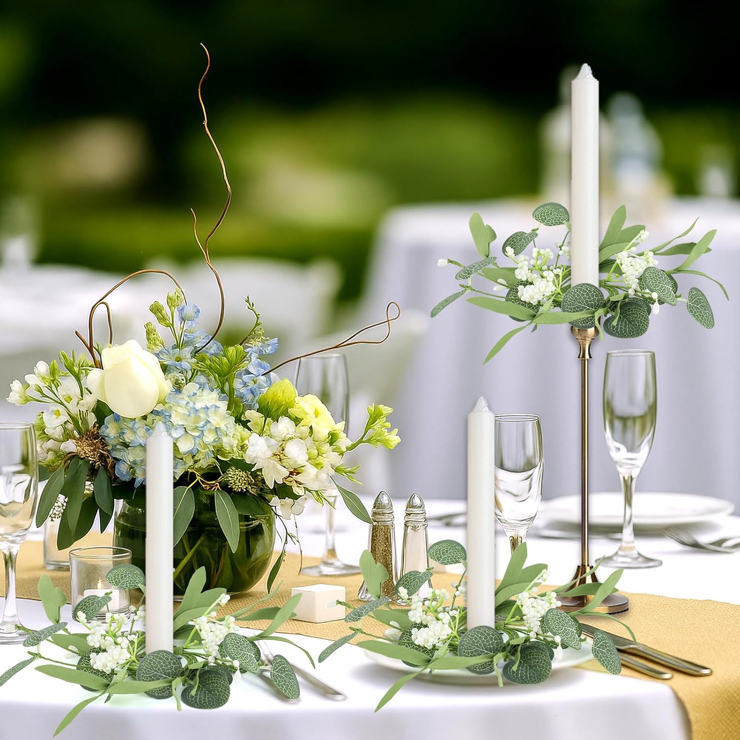 12 PCS Eucalyptus Taper Candle Rings Wreaths 1.38" Mini Spring Summer Floral Taper Candle Holder Wreaths Green Artificial Flower Table Centerpieces Wreath for Church Farmhouse Home Candlesticks Decor