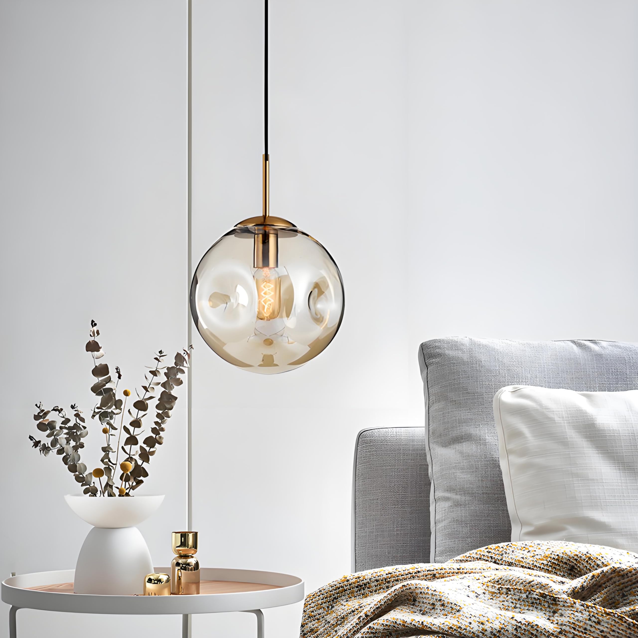 sphärische Glaskugel-Pendelleuchte, goldene Basis und hängende Glaskugel-Deckenleuchte (Bernstein, 25cm)
