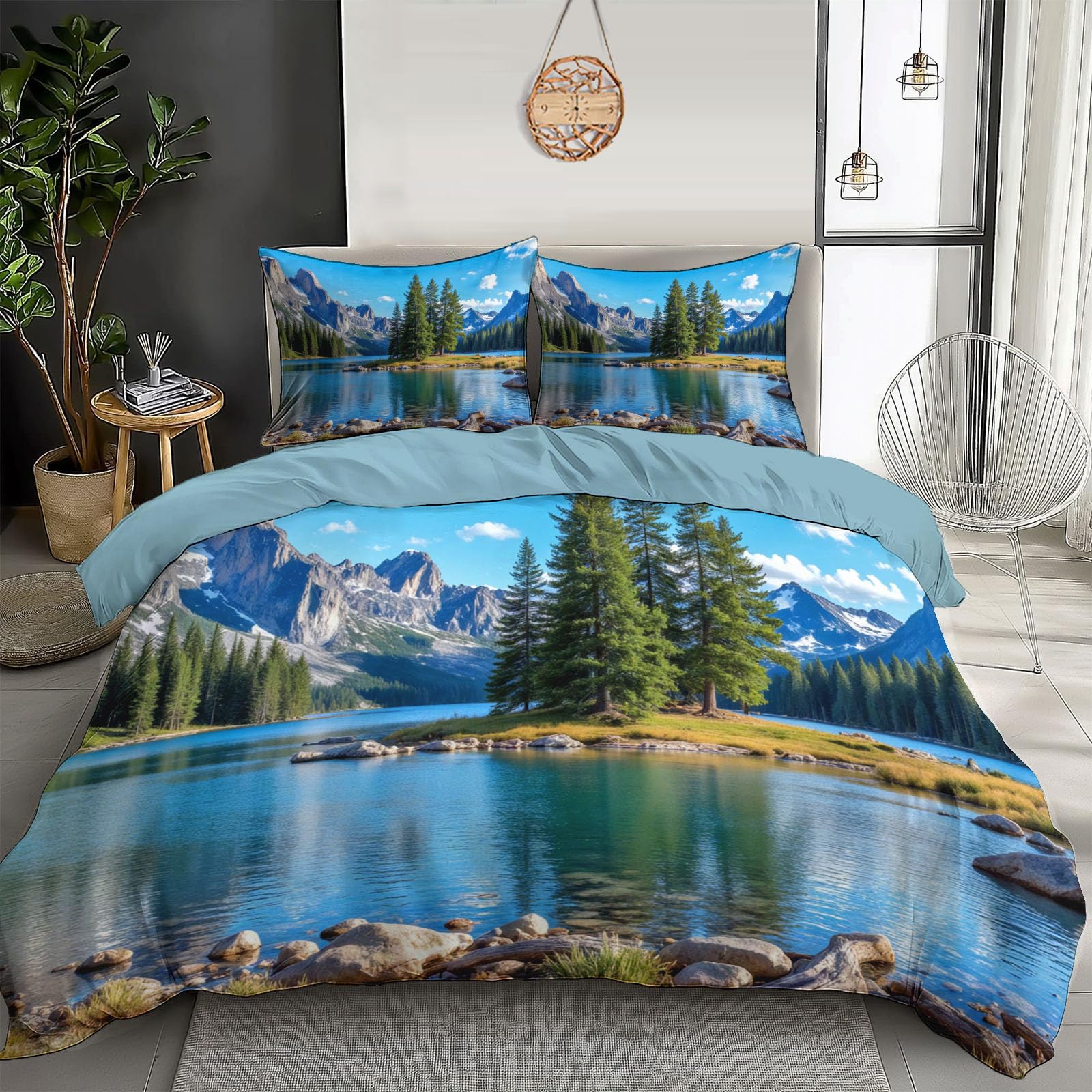 Housse de couette 240x260 forêt bleu-vert avec 2 taies d'oreiller