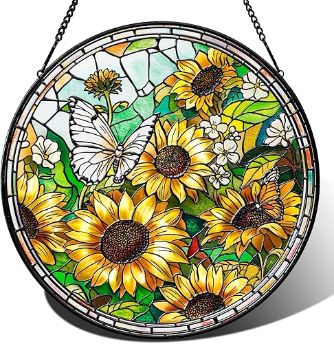 Stained Glass Window Hanging with Butterfly & Sunflower Design – Hanging Window Decor for Home, Door, Christmas, Mother's Day, Birthday Gift for Mom, Women, Men (7.87 in)