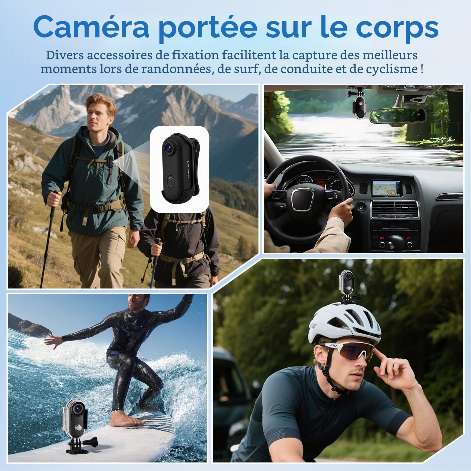 Mini Caméra Sport avec 64GB, Camera 1080p avec Audio et Vidéo, Magnétique et Pince 360°, 120° Grand Angle Action cam Corporelle étanche avec Casque de Moto 13 Multifonction Accessoires