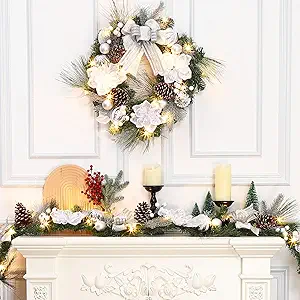 GarveeHome Christmas Wreath with Lights, 24 Inch Pre-lit Silver White Xmas Wreath with 20 Battery Operated LED Lights Artificial Magnolia Flower & Bow for Front Door Window Indoor Outdoor Decorations