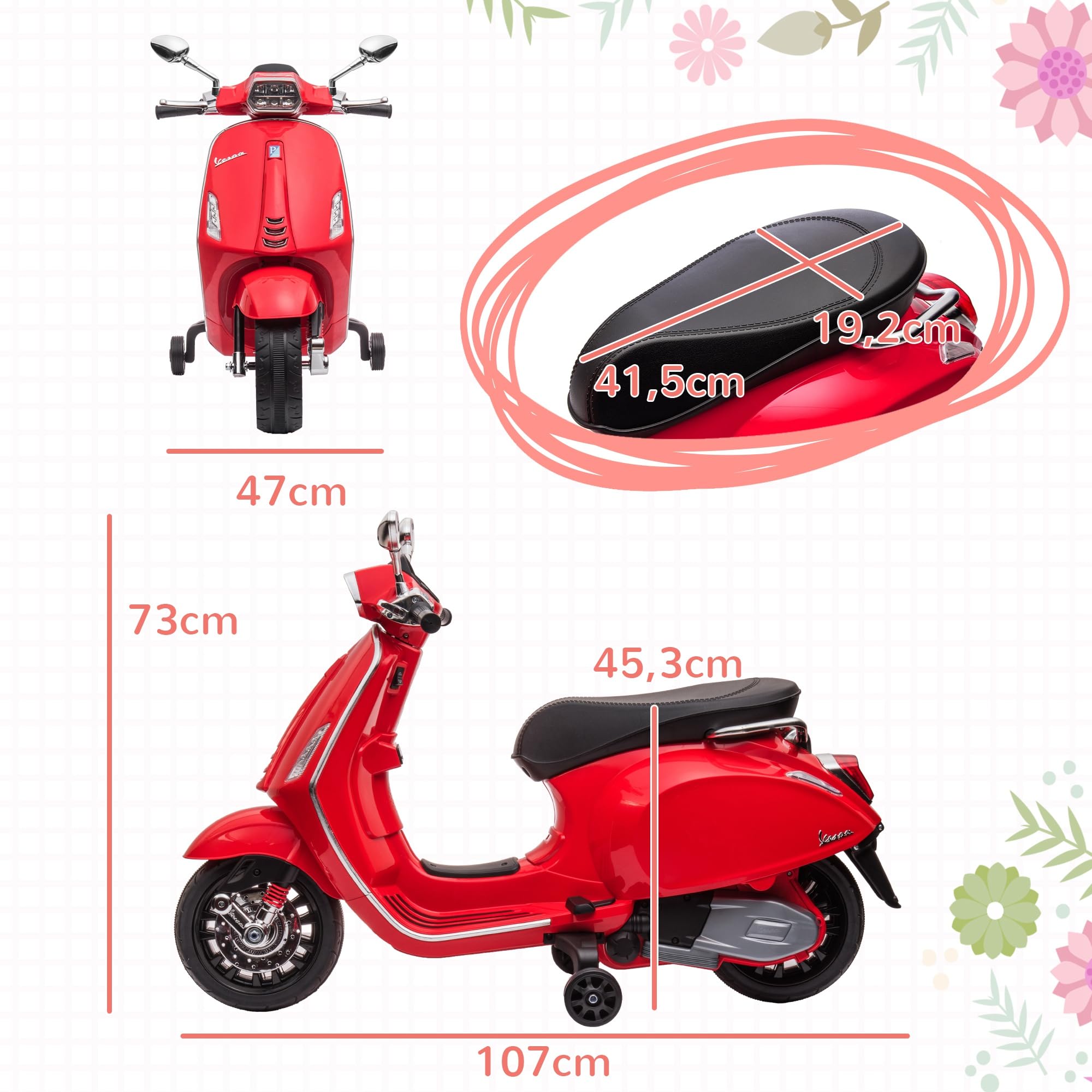 AIYAPLAY Elektro Kindermotorrad, Vespa 6V Elektromotorrad mit MP3, USB, FM-Radio, LED-Scheinwerfer, Kinderfahrzeug mit 2 Stützrädern, Elektro Motorrad für 3-6 Jahre Kinder, Rot