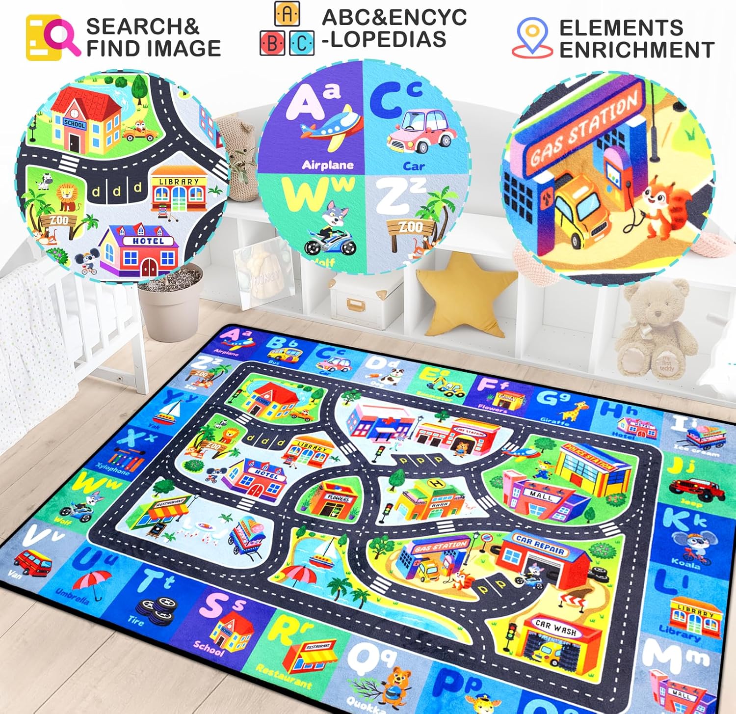 ABC Rug, Toddler Play Rug 4x6 Feet, Extra Thick (0.4in) Washable Baby Play Mat for Floor, Classroom Carpet Non-Slip for Learning, Alphabet, Nursery Mat for Crawling & Fun & Playroom Decor