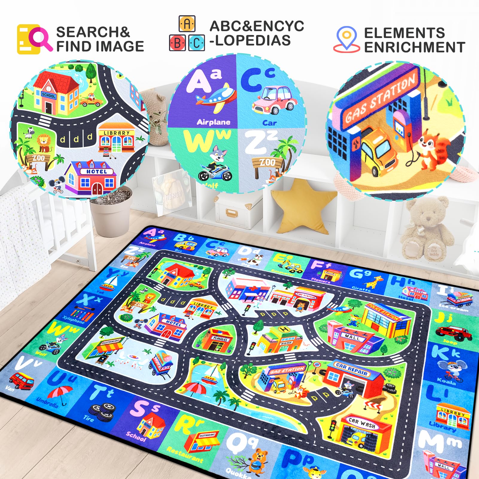 Diysani ABC Rug for Kids Playroom, Alphabet Rug 4x6 Feet, Washable Play Mat Non-Slip ABC Mat Classroom Carpet Car Rugs for Kids Learning Letters Animals Shapes for Play Room Decor