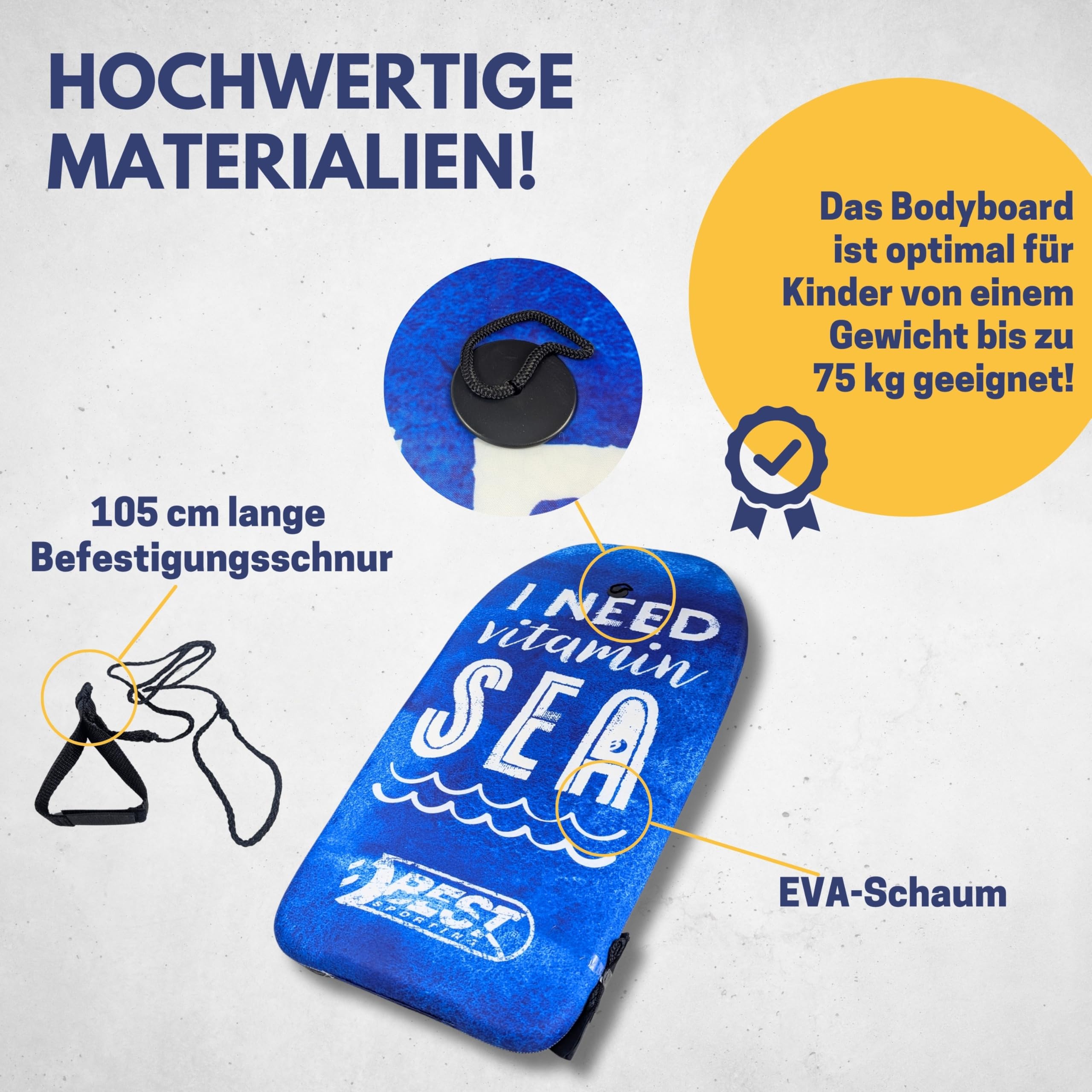 BEST SPORTING Bodyboard pour enfant - Planche de surf légère pour la plage, la mer et la piscine | 92 x 46 x 5 cm | dans différents designs | Avec leash pour un maintien sûr