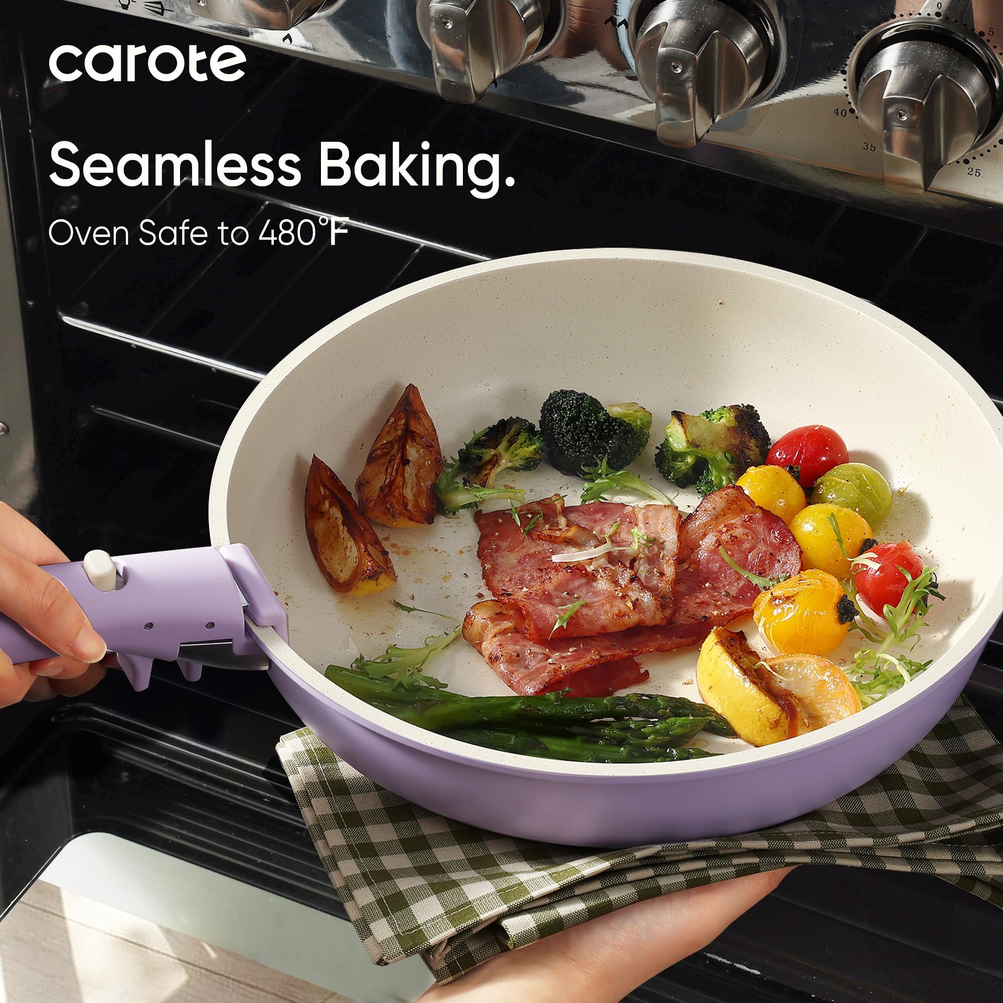 CAROTE Pots and Pans Set Non Stick, Cookware Sets, 15pcs Kitchen Set, Oven/Fridge Safe, Space Saving Pots Set, Nonstick Set with Versatile Removable/Detachable Handle, Induction RV Set, Purple