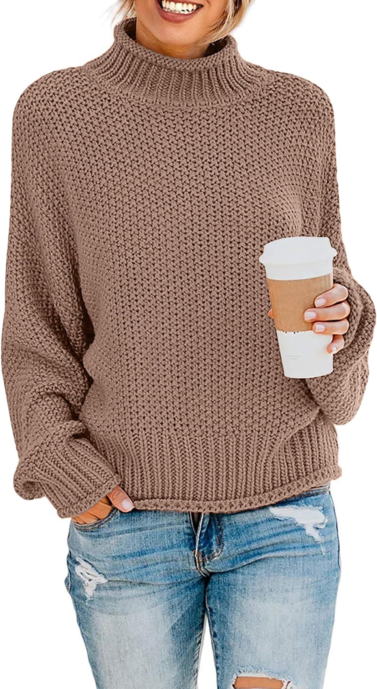 Women's Turtleneck Batwing Sleeve Loose Oversized Chunky Knitted Pullover Sweater Jumper Tops