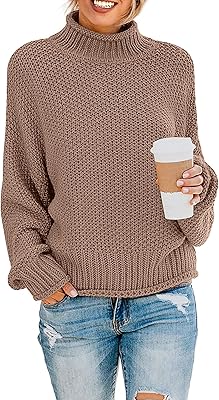 ZESICA Women's Turtleneck Batwing Sleeve Loose Oversized Chunky Knitted Pullover Sweater Jumper Tops