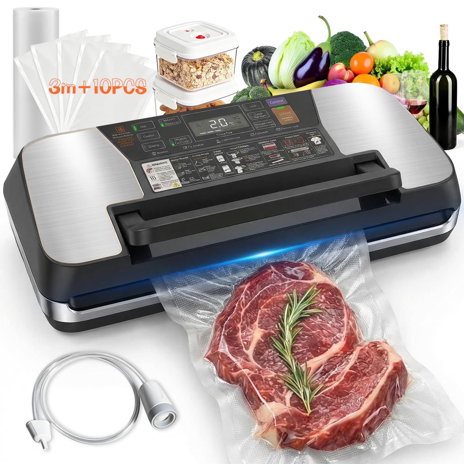 Food Vacuum Sealer Machine, 95KPa Commercial Grade 12-in-1 with Double Heat Seal for Sous Vide, Built-in Cutter, Bag Storage, LED Display, Includes Starter Kit with 1 Roll, 10 Bags and Accessory Hose