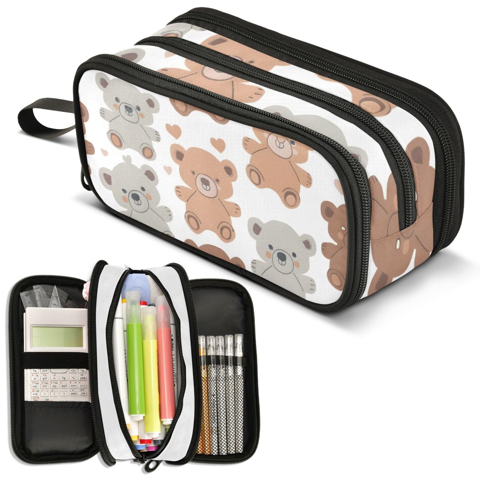 ALAZA Cute Teddy Bears Pencil Case for Boys Girls Kids Pencil Pouch 3 Compartment Pen Bag Large Capacity Storage Pencil Holder School Students with