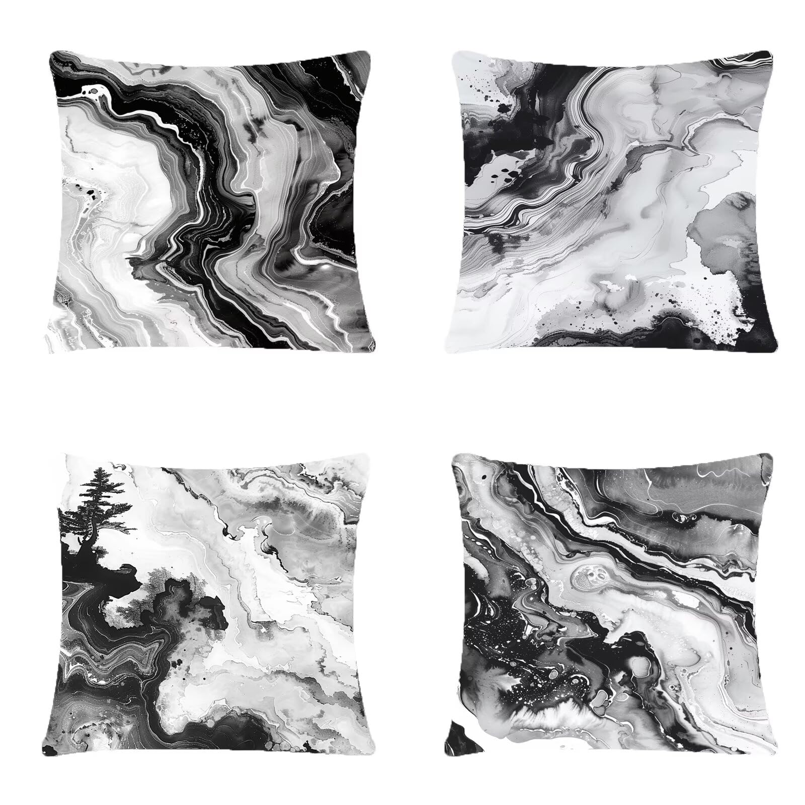 Cuscini Bianco E Nero 4 Confezioni, Fodere Cuscini 55x55cm Marmo Decorazione in Lino Super Morbido Federa Cuscino Dotato di Cerniera Invisibile per la Divano Camera da Letto Esterno (Lino) A-216