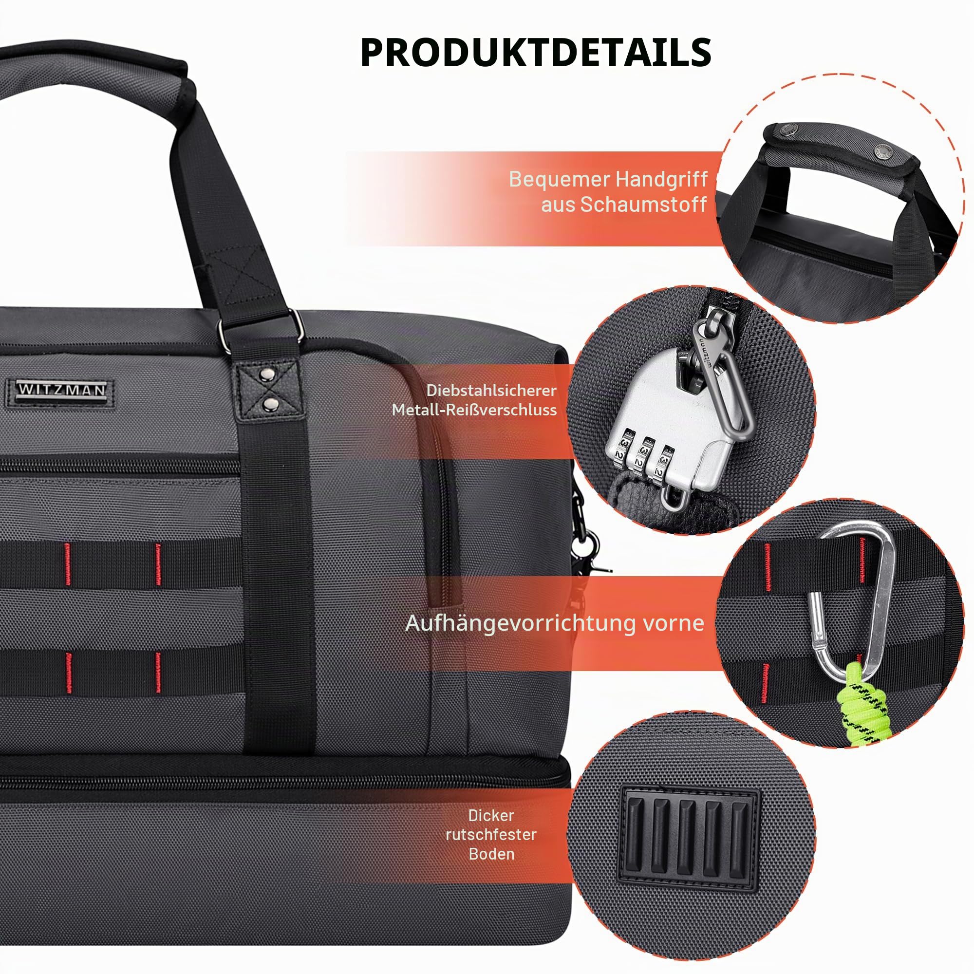 WITZMAN Reisetasche Herren 55L Nylon Weekender Duffle Bag mit Kulturbeutel | Mehrere Taschen mit Schuhfach und Nassfach, Handgepäck Flugzeug, Konvertierbar für Reisen, Sport, Weekender, B696 Silbergrau