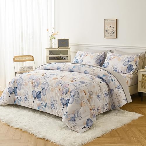 Miniatura 8 de YIYEA Juego de edredón tamaño King  Estampado floral  7 piezas de cama en una bolsa  Juegos de ropa de cama para todas las estaciones con edredón,