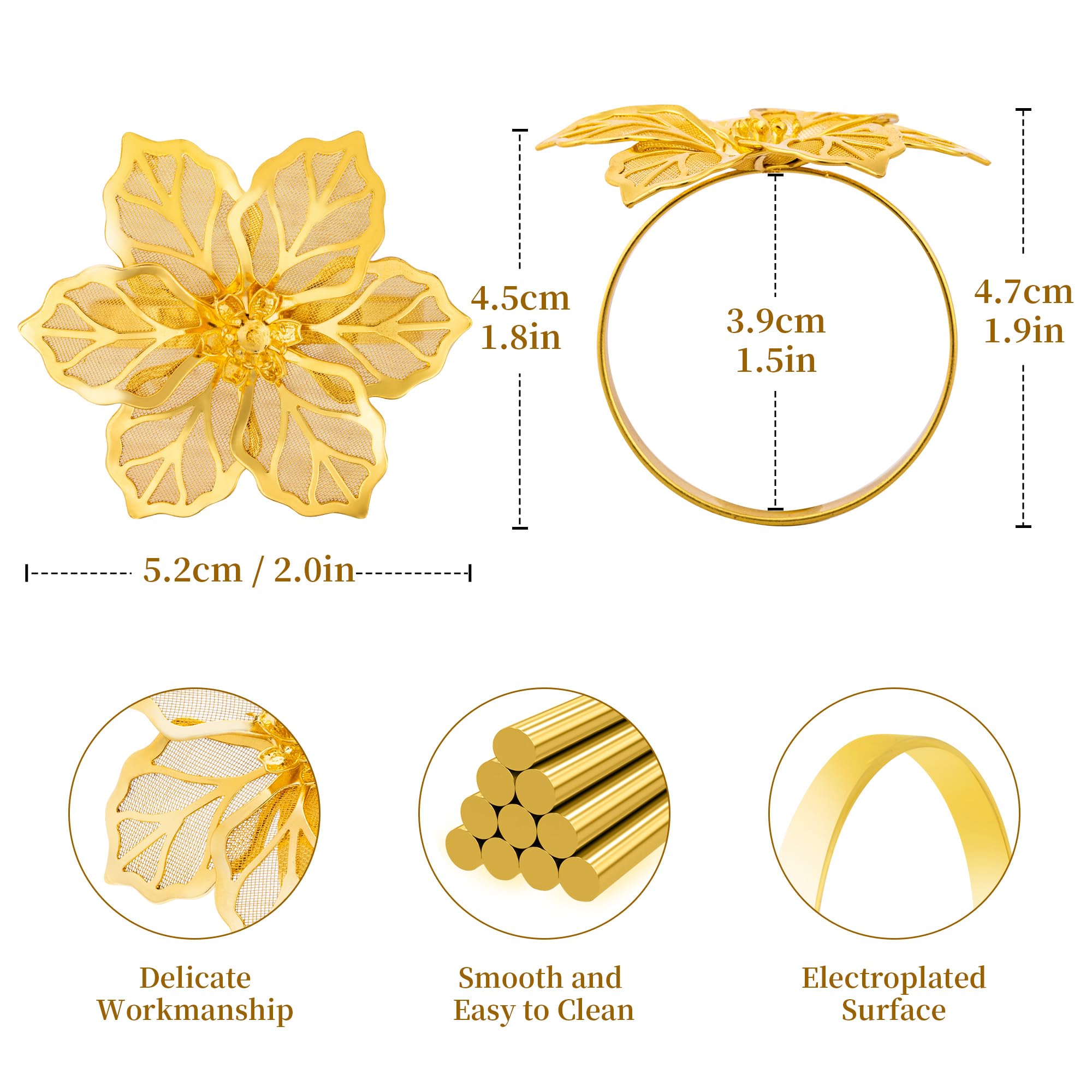Homotte Gold Flower Napkin Rings Set of 6, Christmas Napkin Rings for Thanksgiving Table Decorations Christmas Banquet - Image 2