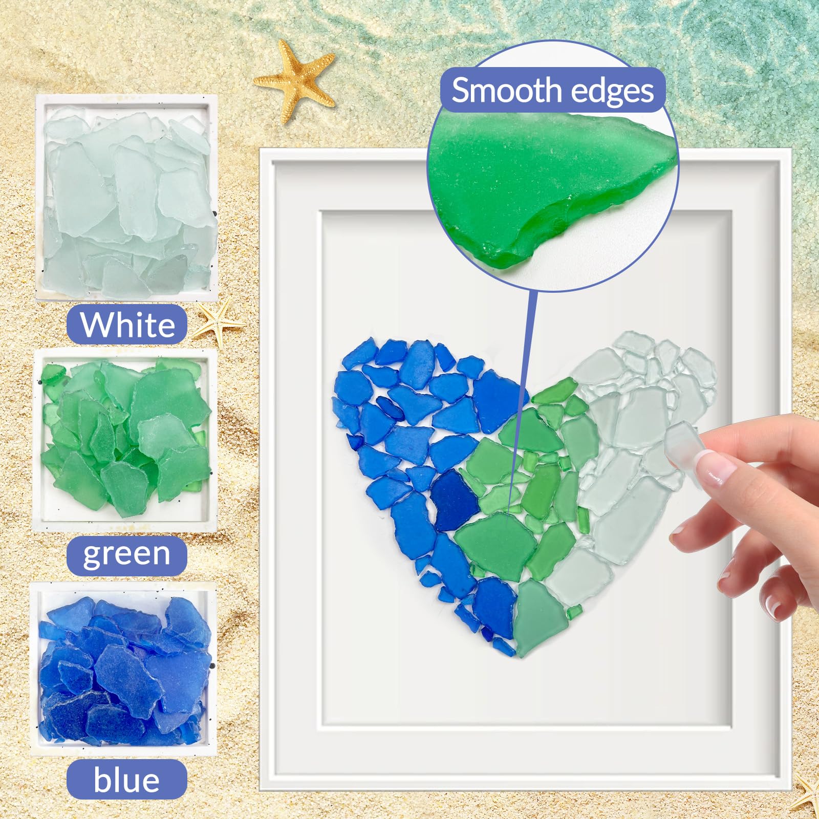 SNAIL GARDEN 21oz Different Sizes Glass Pieces for Crafts, Smooth Edges Frosted Seaglass Piece, Seaglass Beach for Party Decoration Home DIY Craft (White, Green and Blue)