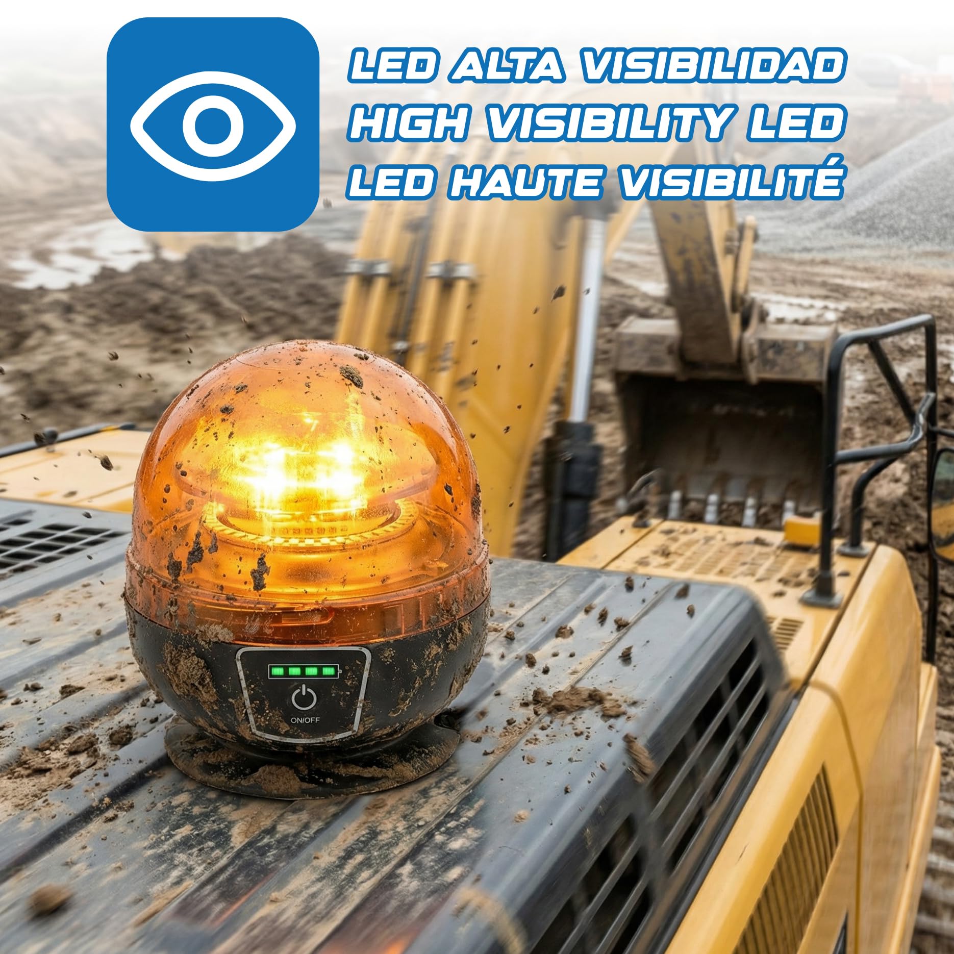 Rotativo LED Color Ámbar Batería litio Recargable, Homologado R65 18W - Autónomo, Luz Advertencia Coche Señalización, Tractor, Grúa, Vehículos Agrícolas y transporte emergencia y prioritario