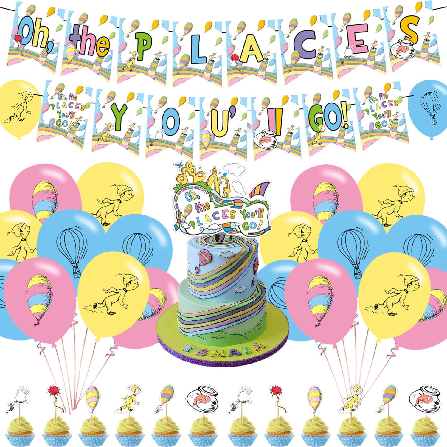 Oh The Places You'll Go Theme Party Decorations,Oh The Places You'll Go Birthday Party Supplies Includes Banner - Cake Topper - 12 Cupcake Toppers - 18 Balloons