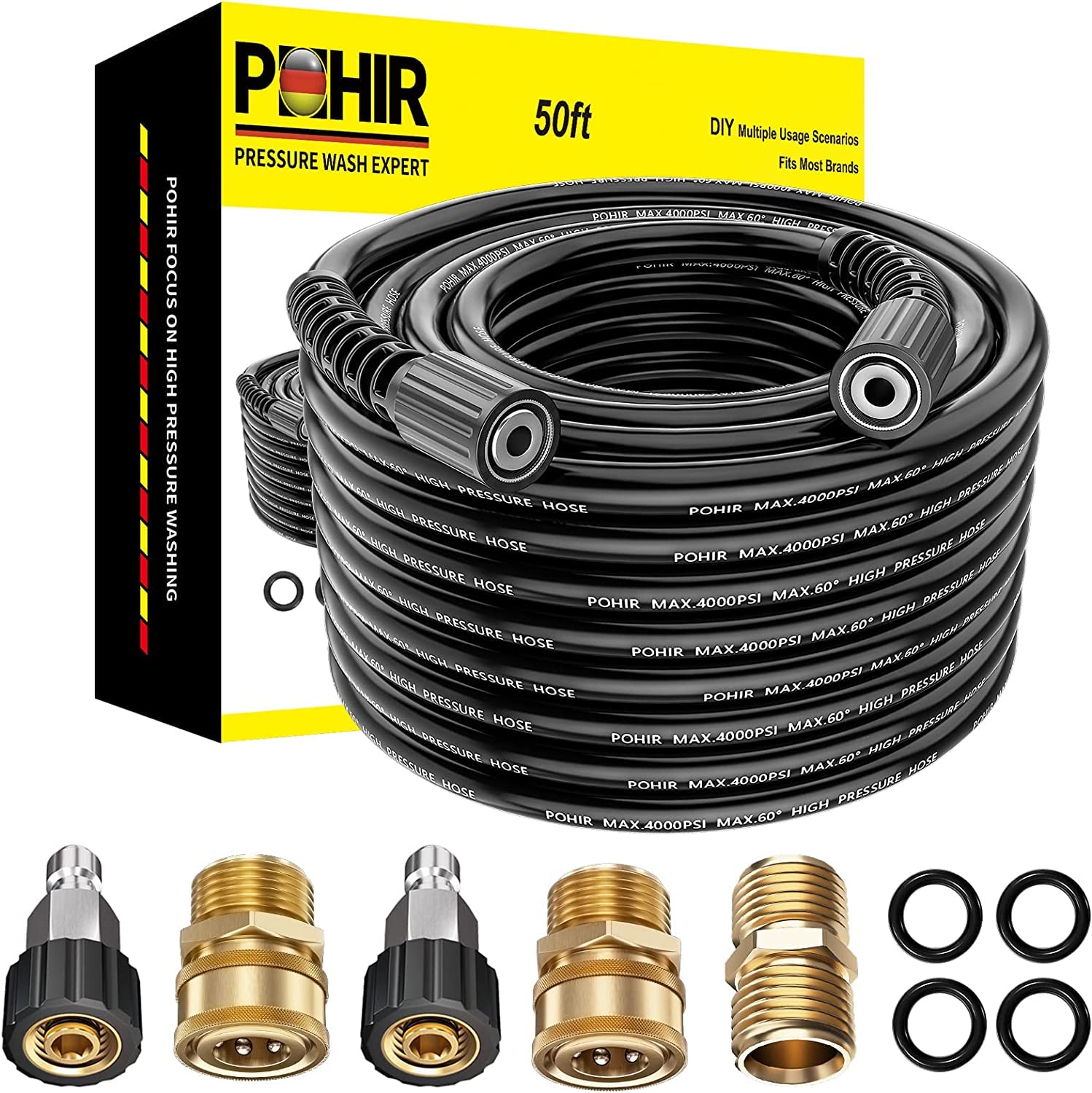 Pressure Washer Hose 50ft with M22 14 Fitting, 1/4 inch Kink Resistant Replacement Hose 4000 PSI, Electric Power Washing Hose with M22 to 3/8 Quick Connect Set and Extension Adapter