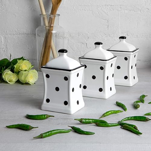Miniatura 3 de City to Cottage® Blanco y negro | Lunares | Hecho a mano | Cocina pequeña de cerámica de 5.3 onzas / 5.1 fl oz | Especias de hierbas | Juego de 3