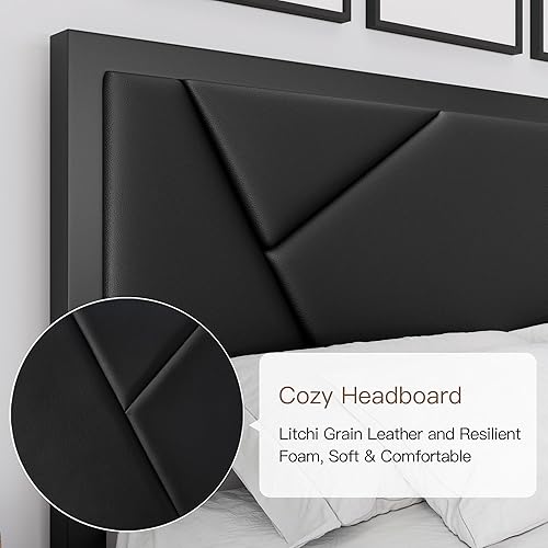 Miniatura 4 de Marco de cama de metal tamaño individual con cabecera tapizada, diseño geométrico de cuero de grano litchi, no necesita somier, color negro